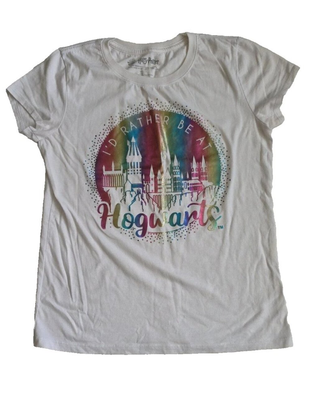 Warner Bros. Kids White Tee with Rainbow Hogwarts Graphic
